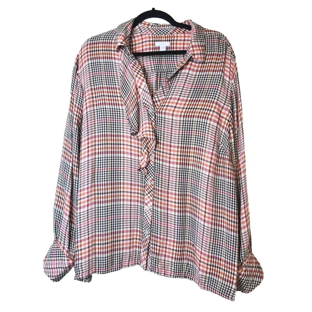 J. Jill Button Up Top Womens Plus‎ Size 2X White Plaid Long Sleeve Rayon Ruffle
